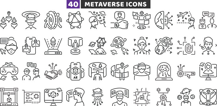 Metaverse and virtual reality line icon set. Vector outline VR, AR, and futuristic AI tech symbols.