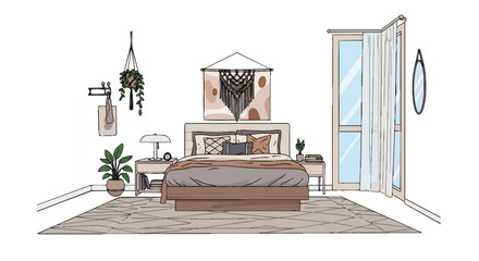 Fototapeta premium Serene boho bedroom interior design sketch featuring natural decor and comfortable living space