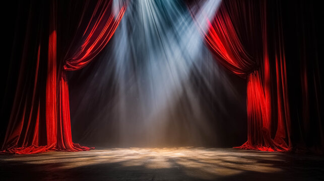 Red theater curtains opening with dramatic stage lighting
