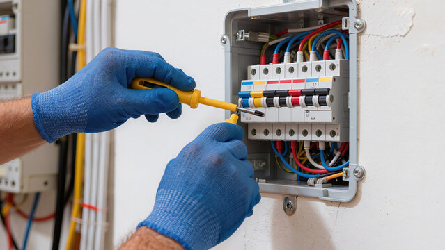 The electrician is working, The panel is open, He checks the wires, Tools are in use, It is electrical work, Maintenance is being done, The power is off, It is a professional job