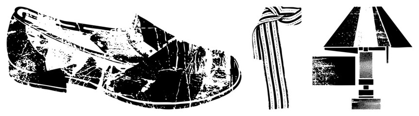 Obraz premium Stylized black and white of footwear, textile accessory, and table lamp, rendered in distressed halftone, ideal for UI or graphic design.