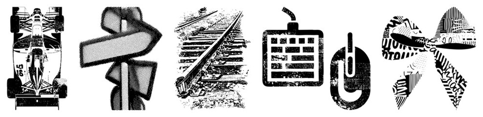 Fototapeta premium Vector F1 car, road sign, train rails, computer, decorative bow all in halftone style, isolated, cutout, rgba.