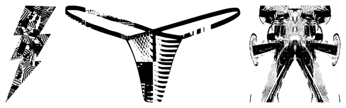 Stylized lightning bolt, thong underwear, and mechanical engine rendered in high contrast vector art with halftone and geometric textures.
