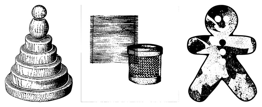 Wooden stacking toy with spherical top, textured cylinder, halftone gingerbread man cutout, vector illustration, isolated foreground elements.