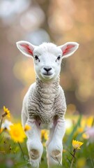 Fototapeta premium A white lamb jumps through a field of yellow flowers