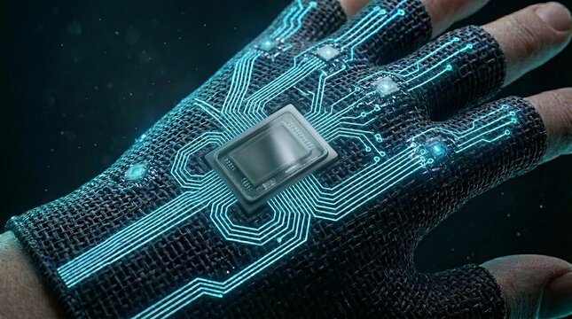 Close up of a hand wearing a futuristic smart textile glove with glowing cyan electronic circuits and microchip, wearable technology and virtual reality concept.