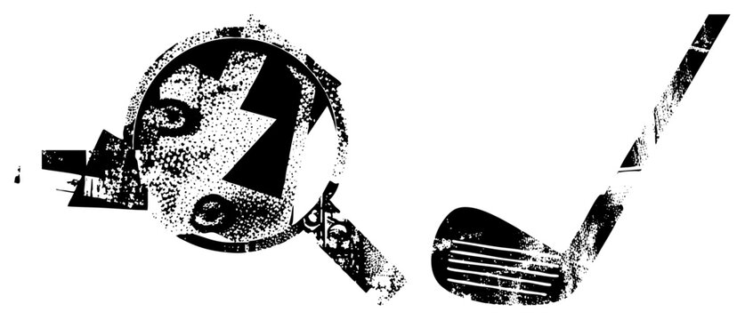 Bold halftone golf club with striped face, circular lightning bolt emblem, gritty texture, sports, vector illustration, black and white design.