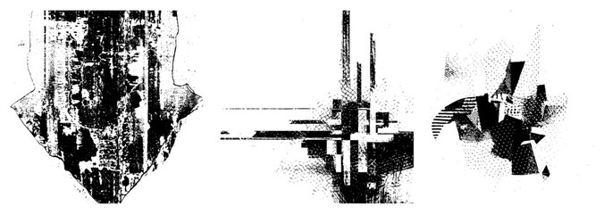 Obraz premium Fragmented geometric forms rendered in halftone dot textures, vector art, abstract composition, graphic design elements, modern minimalism.