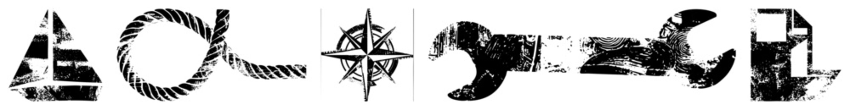 Graphic set of nautical symbols including sailboat, rope knot, compass rose, anchor, and ship wheel. vector with distressed texture, ideal for maritime design or adventure themes.
