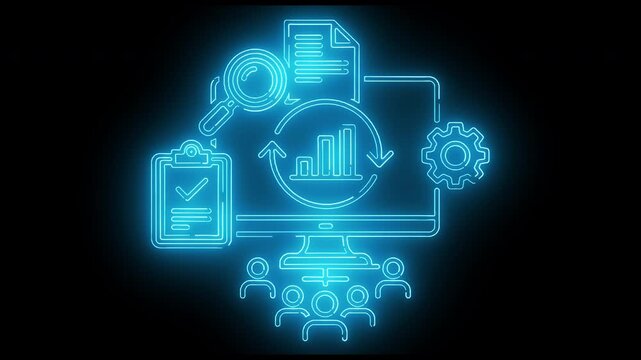 Glowing blue neon graphic illustration of business and technology icons on a computer monitor with a black background.