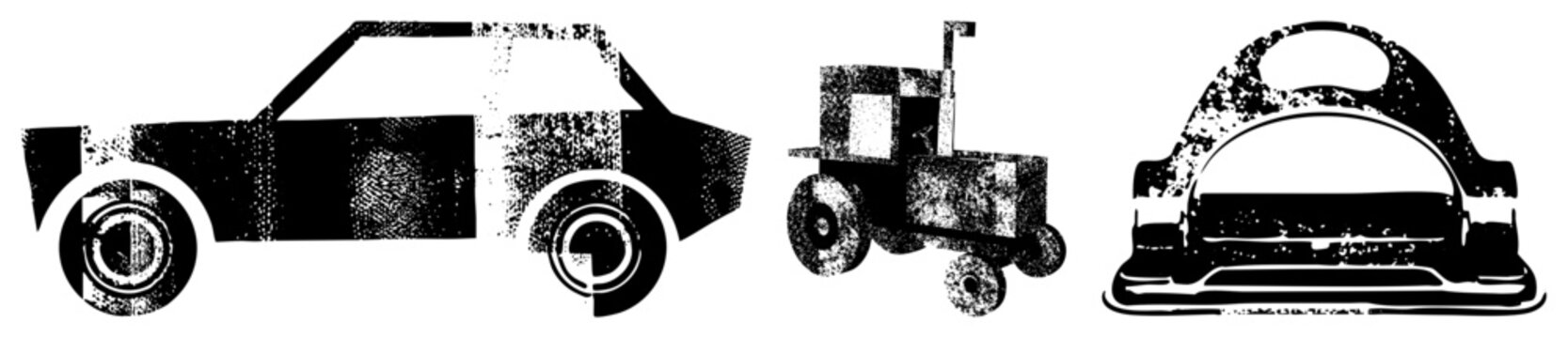 Classic car, farm tractor, and antique typewriter rendered in halftone vector style, isolated foreground elements, graphic design, retro tech and transport.