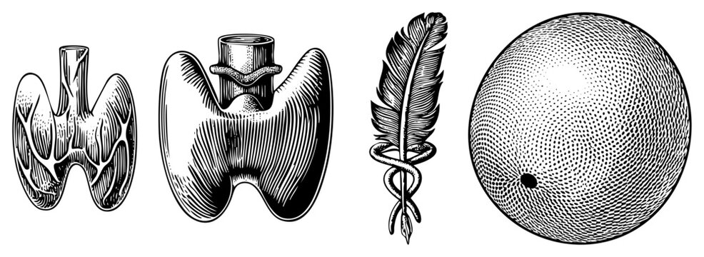 Classic engraved medical diagrams of thyroid gland, caduceus symbol, quill feather, dotted sphere with dot. Vintage anatomical and emblematic illustrations in black and white.