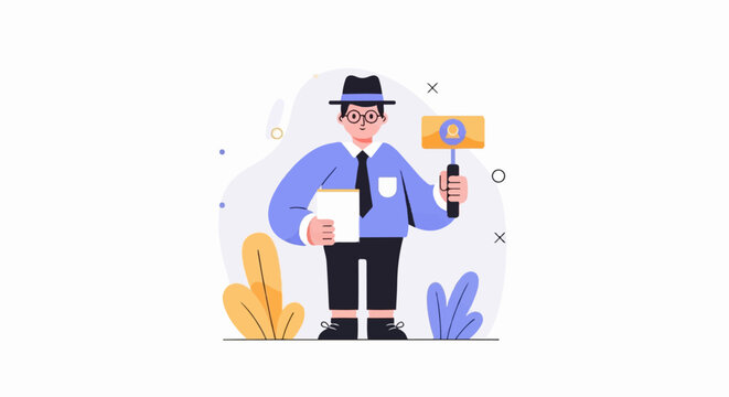 A man in a hat and suit holds a clipboard and a sign with a magnifying glass