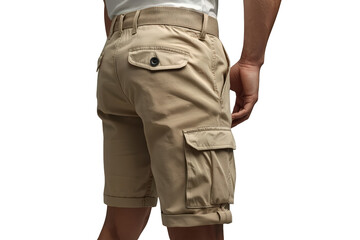 Fototapeta premium Man wearing beige cargo shorts with rolled cuffs, showcasing summer style, casual comfort, and practical pockets, transparent background