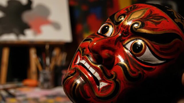 Close-up red, black, gold Barong mask on artist table with painting, culture.