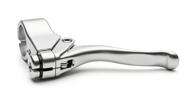 A shiny metal motorcycle brake lever is shown on a plain white background.