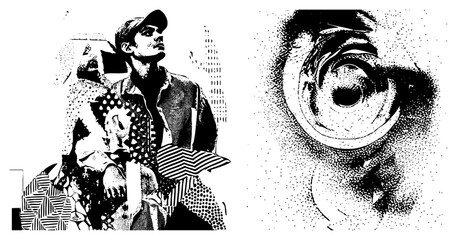 Obraz premium Halftone illustrated man wearing cap, layered geometric, isolated eye detail, pop art style, vector art, graphic design element.
