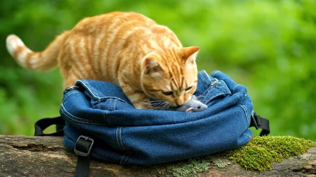 Ginger cat with mouse in blue denim backpack on log outdoors in nature.