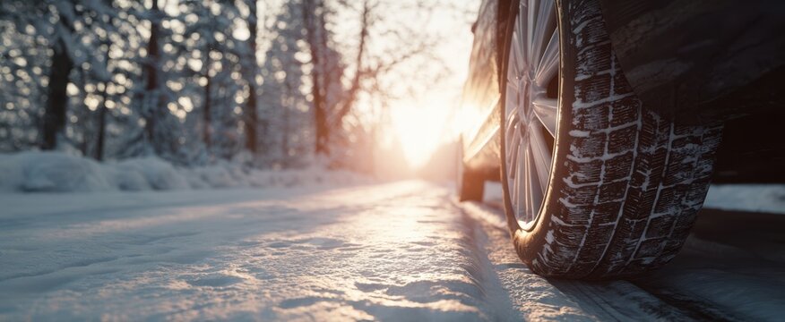 The Car Tire on an Icy Winter Road at Sunrise with Snowy Forest Background