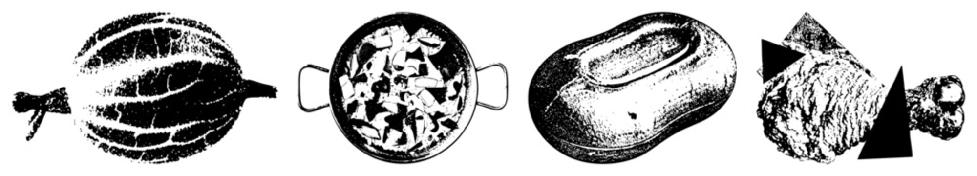Graphic depiction of sliced melon, chopped vegetable pan, loaf of bread, and chicken drumstick with arrow indicators, rendered in halftone dot for stylized food design.