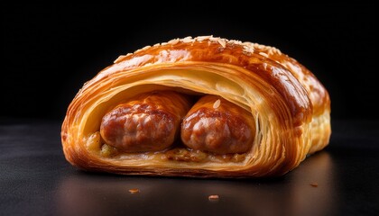 Fototapeta premium a freshly baked golden brown sausage roll with a flaky puff pastry crust and a savory meat filling on a black background