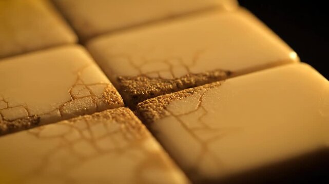 Close up on off-white square ceramic tiles with damaged edges, vintage texture and cracks