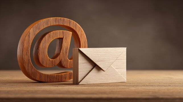 The wooden at symbol and envelope on a rustic desk with soft lighting