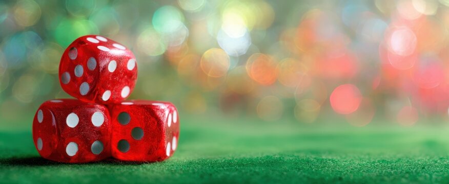 The dice stacked on green felt with colorful bokeh lights and shallow focus