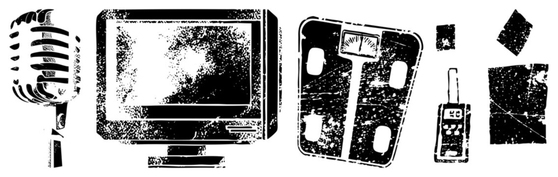 Retro tech collection including mic, monitor, scale, pager, film strips, distressed vector art,, grainy texture, tech nostalgia.