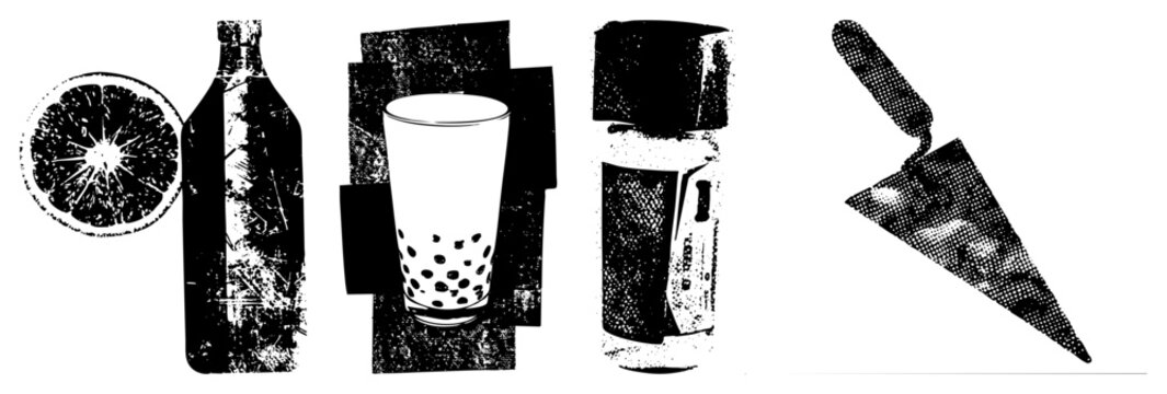 Vector halftone graphics of beverage items citrus slice, glass with tapioca pearls, spray can, and bottle stylized with grainy texture and stark black and white contrast.