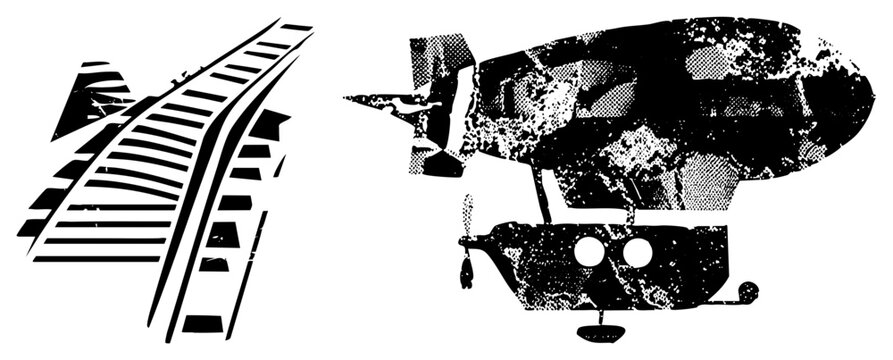 Classic blimp and train rails rendered in distressed halftone, retro transport, vector art, vintage travel motifs.