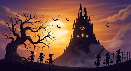 Fototapeta premium Halloween haunted house and castle with moon 