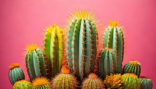colorful green cacti with vivid yellow spines in creative surreal style on a soft pink background concept of modern desert nature ai generative