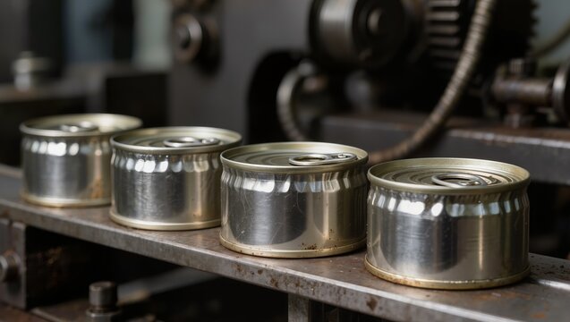 Four metal cans with ring-pull lids on fish processing line, highlighting automated seafood packaging, factory workflow, and quality control in fish industry production