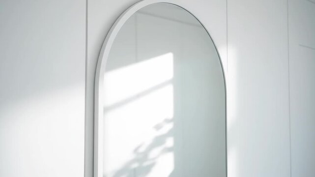 Minimalist arched mirror on white wall with leaf shadows and natural light creates soft interior design concept.