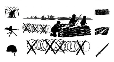 World War II Soldiers and Barbed Wire Defenses Silhouette. © Chanyan