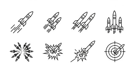 Collection of rocket ship icons and symbols for space exploration. © Chanyan