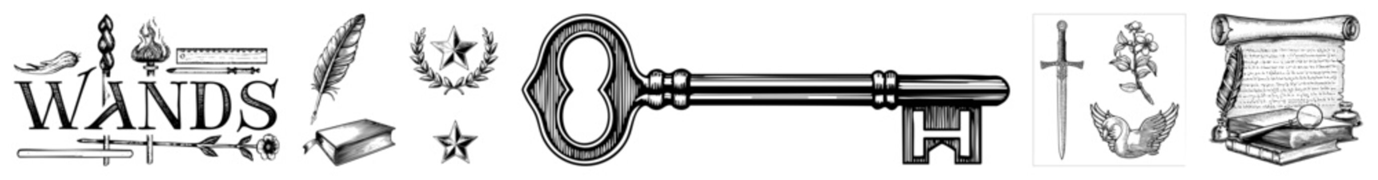 Wizardry tools including wands, feathers, stars, scrolls, and ornate key, classic, magical artifacts, enchanted objects, mystical symbols.