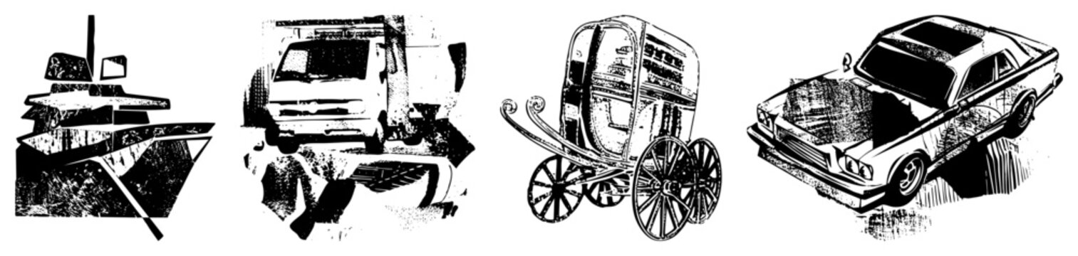 Classic vehicles rendered in halftone vector art vintage car, horse drawn carriage, delivery truck, luxury yacht. Black and white art with textured shading, isolated foreground elements.