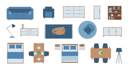 Fototapeta premium Contemporary Home Furniture Collection Top-Down View Illustrating Modern Interior Design Elements Layout