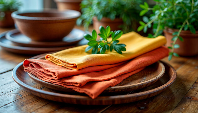 Folded fabric napkins beside salad plates