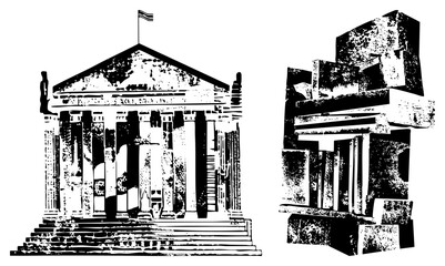 Fototapeta premium Classical temple with columns and pediment contrasted with abstract geometric building, halftone texture, architectural, black and white vector art.