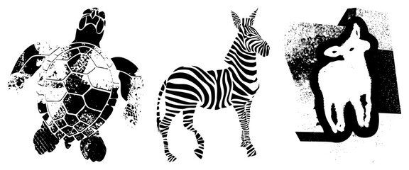 Fototapeta premium Stylized turtle, zebra, and lamb in bold black and white, halftone grunge effect, isolated vector animals, graphic design elements.
