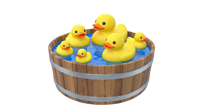 Rubber Ducks Floating in a Wooden Tub