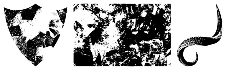 Fototapeta premium Vectorized shapes with halftone textures, shield emblem, organic horn curve, graphic design elements, isolated foreground, stylized abstract forms.