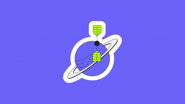 Planet satellite orbit digital sticker animation. Space communication. Planetary technology. Isolated animated icon with transparent background. Applying die-cut design. 4K video overlay element