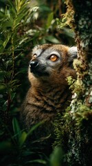 Fototapeta premium Curious lemur amidst lush foliage.