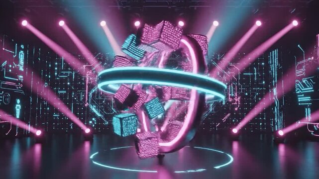 Abstract neon rings and cubes rotate in a futuristic digital stage background.