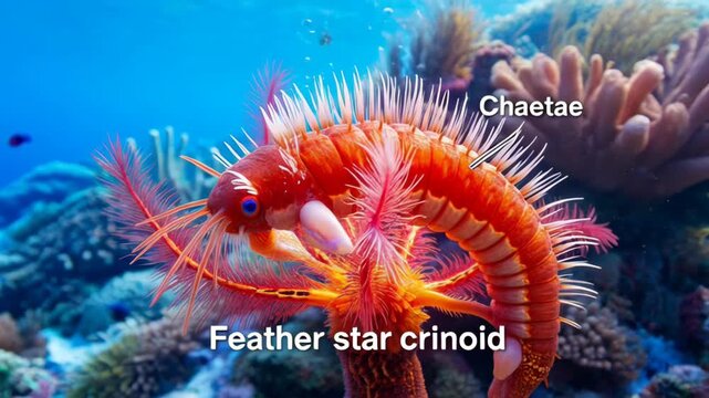 Vivid Bearded Fireworm on Colorful Feather Star Under Ocean Water with Coral Reef and Marine Life