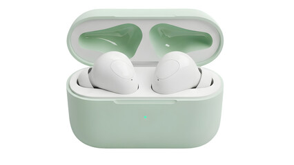 A pair of white earbuds with a green case on a transparent background